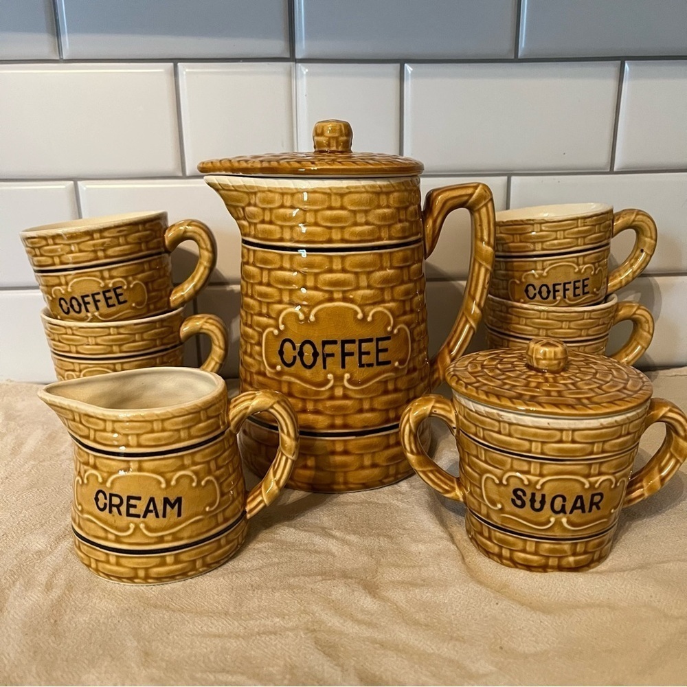 Vintage 1950s Royal Sealy Japanese Mid Century Coffee Set Basket Weave Coffee